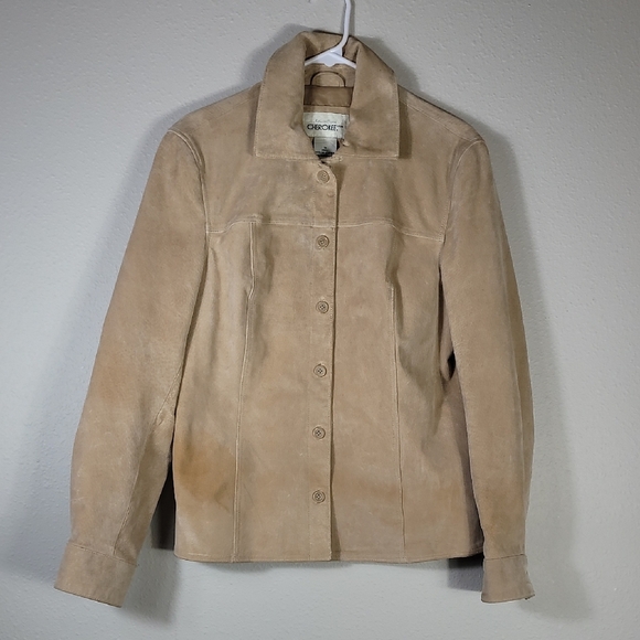 Vintage Jackets & Blazers - Y2K Cherokee Womens 100% Leather Jacket Size M Tan Suede Button 90s Vintage Bike